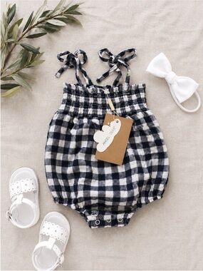 Angel Dear Navy Gingham Romper 0-3M NWT Baby Bubble